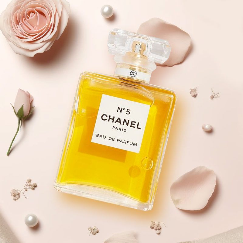 chanel no 5 perfume flatlay